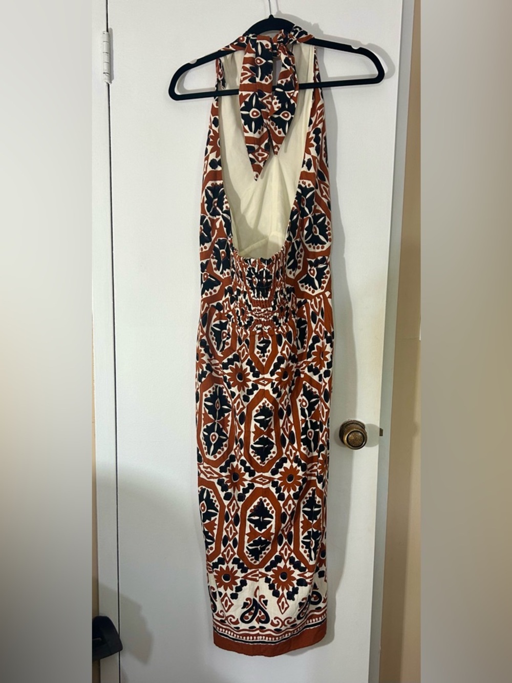 Sezane Alana Dress, Halter Midi Dress Size 42 / US 10, Rust Brown, Black, Cream - Picture 13 of 16